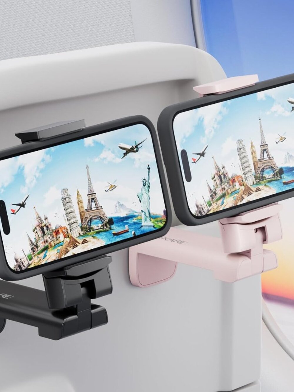 2PCS Airplane Phone Holder Mount, Plane Travel Essentials, Black & Pink